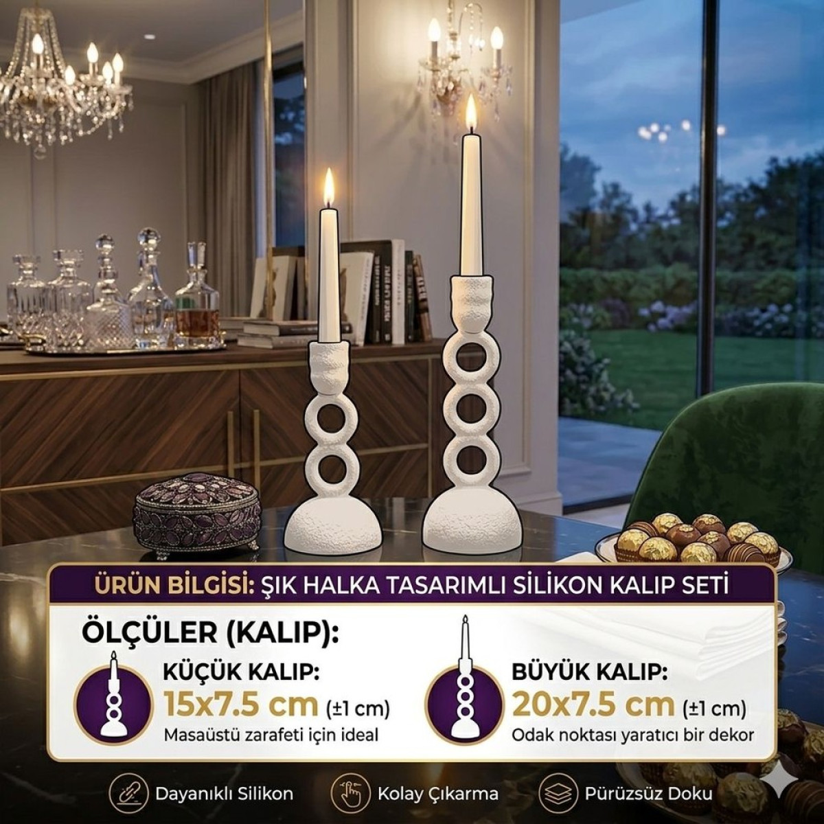 ŞIK HALKALI ŞAMDANLIK 2'Lİ SİLİKON KALIP